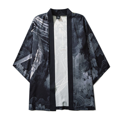 New Style Demon Printing Cardigan Men Cosplay Obi Male Yukata Haori Samurai Traditional Japanese Clothing