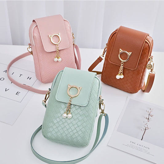 Mobile Phone Bags Women Woven Pearl Tassel Cover Type Crossbody Shoulder Bag