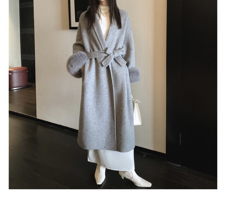 Cuff Detachable Fox Fur Elegant Double-sided Cashmere Coat