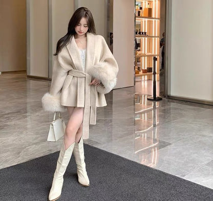 Cuff Detachable Fox Fur Elegant Double-sided Cashmere Coat